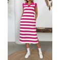 thumbnail image 6 of Womens Striped Summer A Line Dress Casual Cap Sleeve Lapel Neck T Shirt Dresses with Pockets Rose Red M, 6 of 9