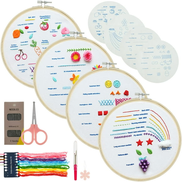Hands DIY4Pcs Embroidery Starter Kit for Beginners Adults Colorful Patterns Embroidery Stitch Kit Ergonomic Embroidery Stitch Practice Kit with Embroidery Hoop Scissors Thread Needles for Craft