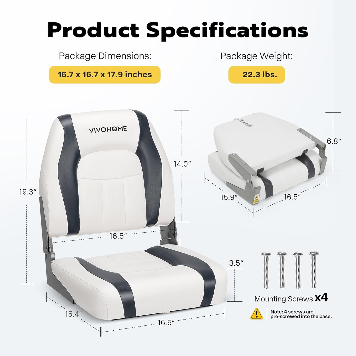 SPECSTAR Folding Low Back Boat Seats 2 Pack, Waterproof Boat Captain Chairs, 4 Mounting Screws Included, White and Gray
