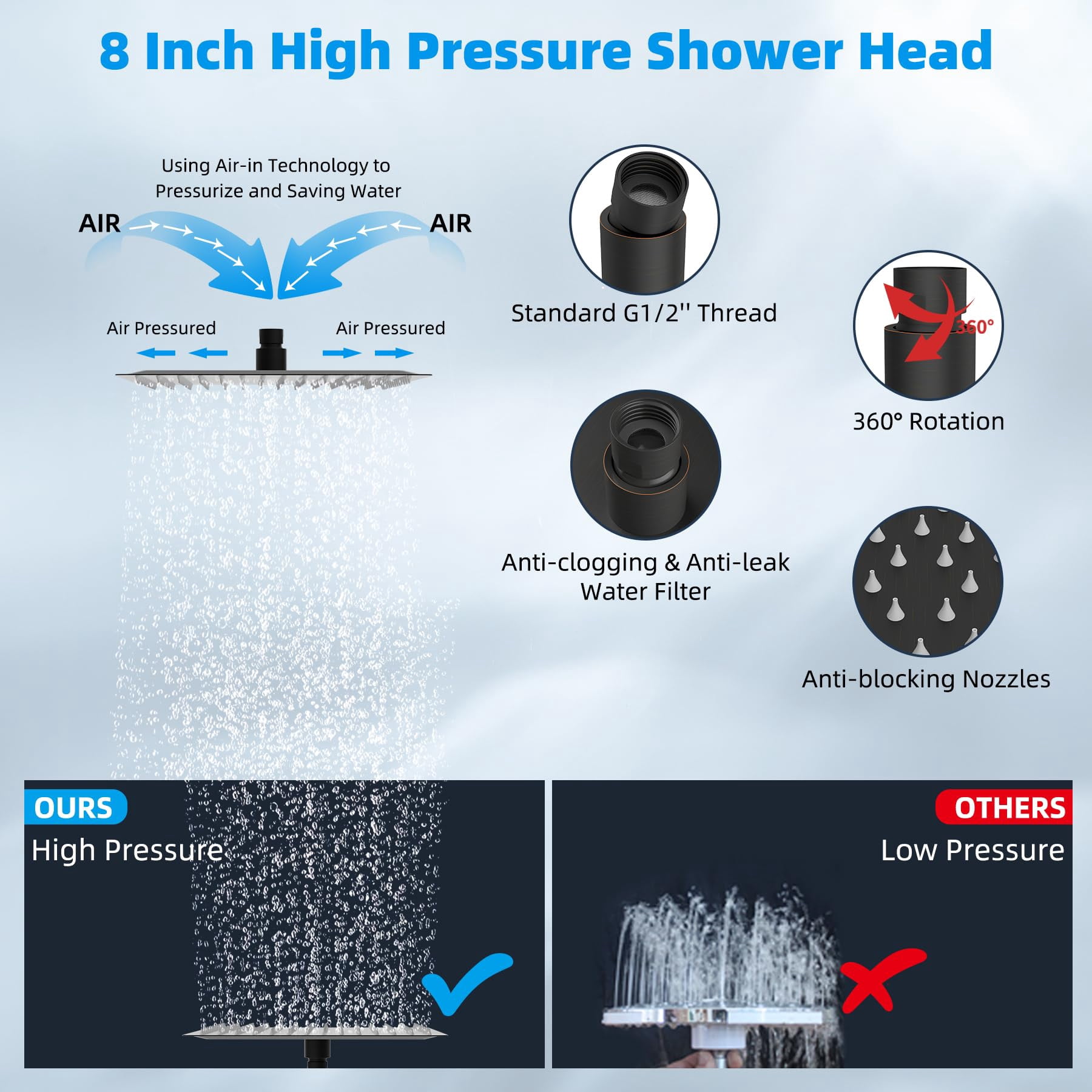 All Metal Rain Shower Head  8'' High Rainfall Square Showerhead With 16" Extension Arm Solid Brass Adjustable Extender Waterfall Fixed Showerheads Oil Rubbed Bronze