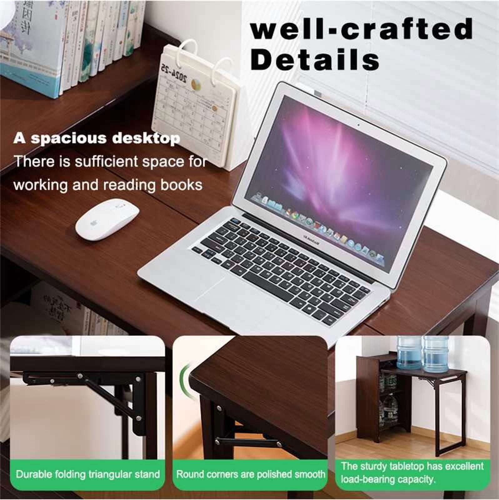 Bamboo Folding Desk, Foldable Desk for Small Space, Computer Desk with Hidden Storage and Built-in Socket, Mid Century Foldable Table for Home Office and Bedroom (Walnut Brown