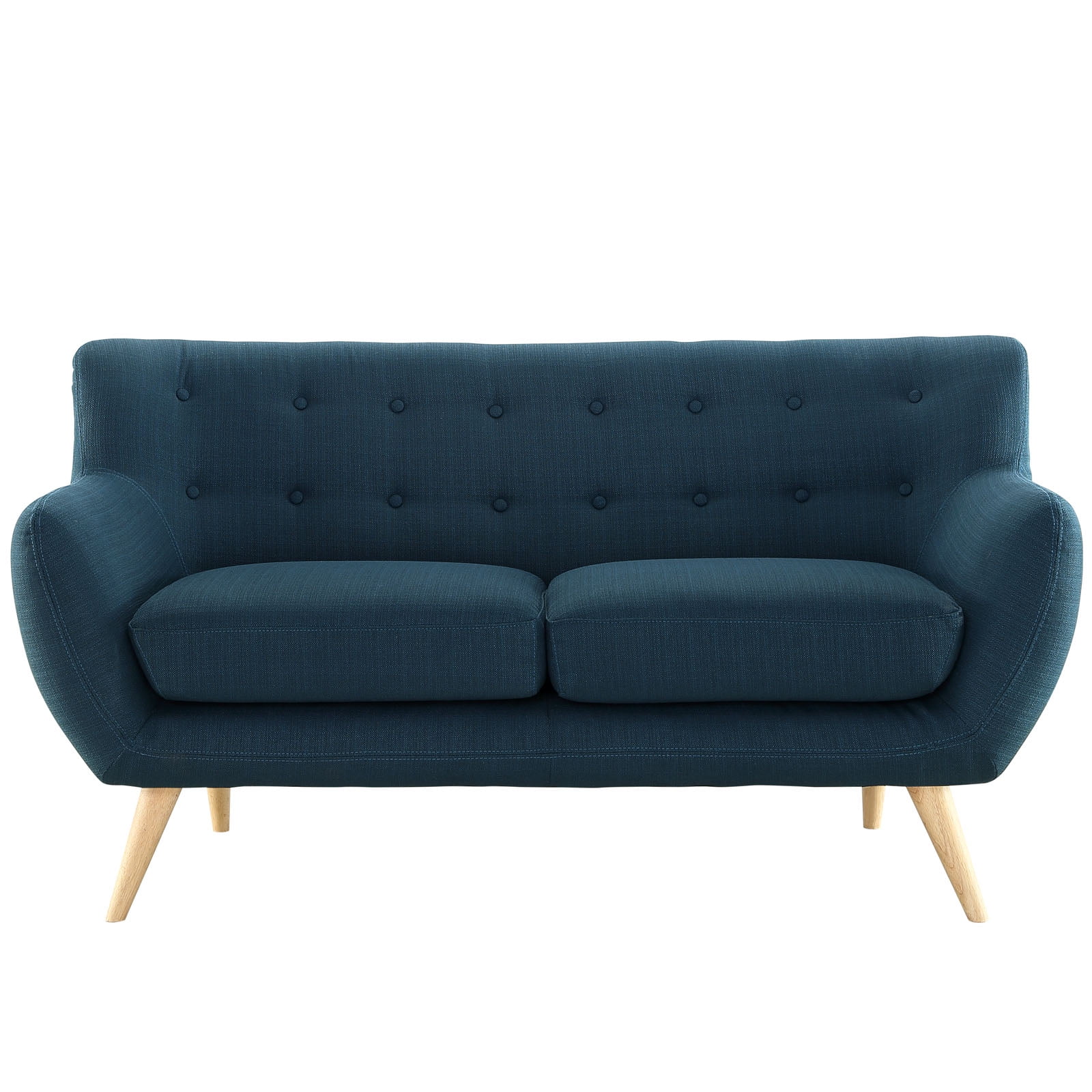 Azure Blue Tufted Fabric Loveseat with Solid Wood Legs