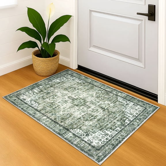 RLESO 2026 New Small Area Rugs 2X3 Green Washable Rug for Entryway Soft Non-Slip Throw Rugs Low-Pile Printed Distressed Medallion Indoor Door Mat for Entrance Foyer Bedside Entryway Mat Indoor