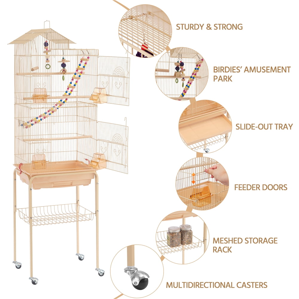 Renwick 62.4" Metal Bird Parrot Cage with Detachable Stand, Almond
