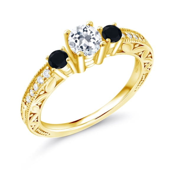 Gem Stone King 0.93 Ct Round White Topaz Black Onyx 18K Yellow Gold Plated Silver Ring (Size 8)