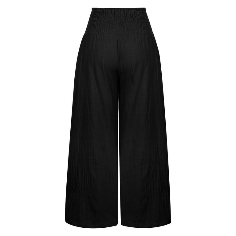 FAKKDUK Linen Pants for Women High Waisted Wide Leg Loose Fit Palazzo Pants  Casual Beach Trendy Trouses with Pockets Women Summer Cotton Linen Pants,  L&Black 