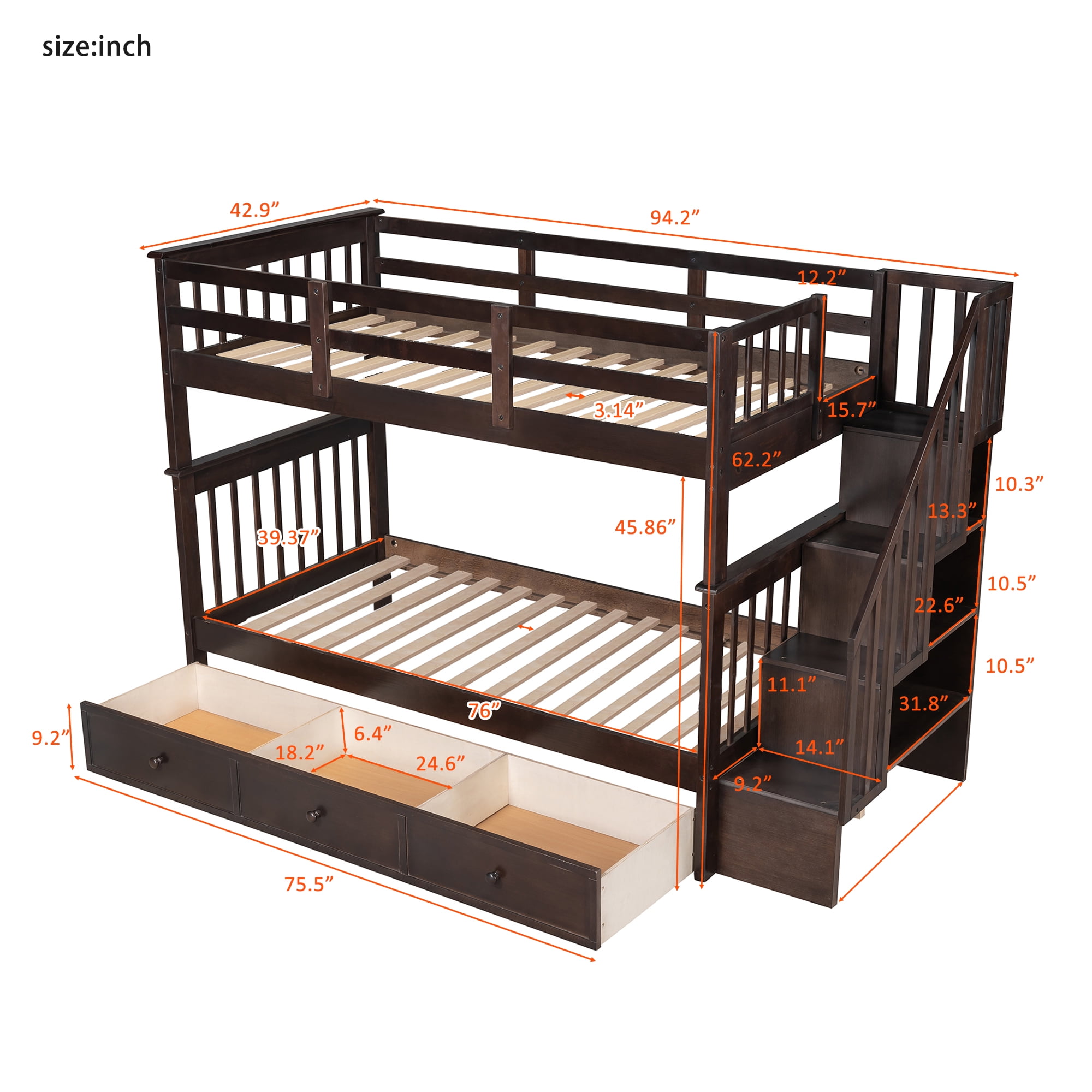 Mintazer Twin Over Twin Bunk Bed with Staircase & 3 Drawers, Kids Bunk Bed with Storage for Bedroom Guest Room, Espresso