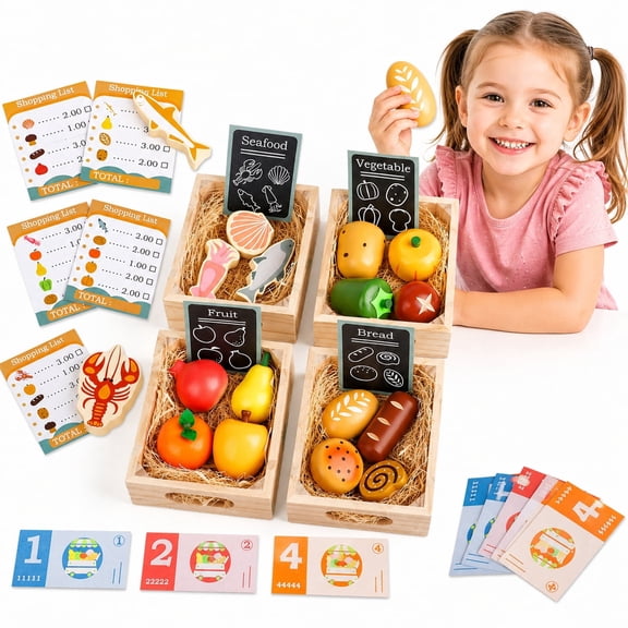 UQN Wooden Play Food Set for Kids Kitchen, Wooden Toy Food,Pretend Play Kitchen Accessories Set, Play Food for Toddlers 1-3, 3 4 5 6 Year Kids Boys Girls Christmas Birthday Gifts