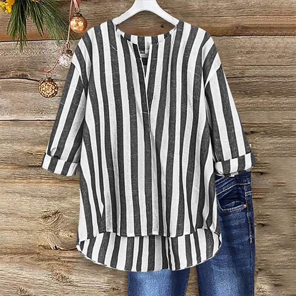Fznquz Women T Shirt Black 3/4 Sleeve Loose Fit Tunic Shirt Casual Striped Winter Fall Clothes,XL
