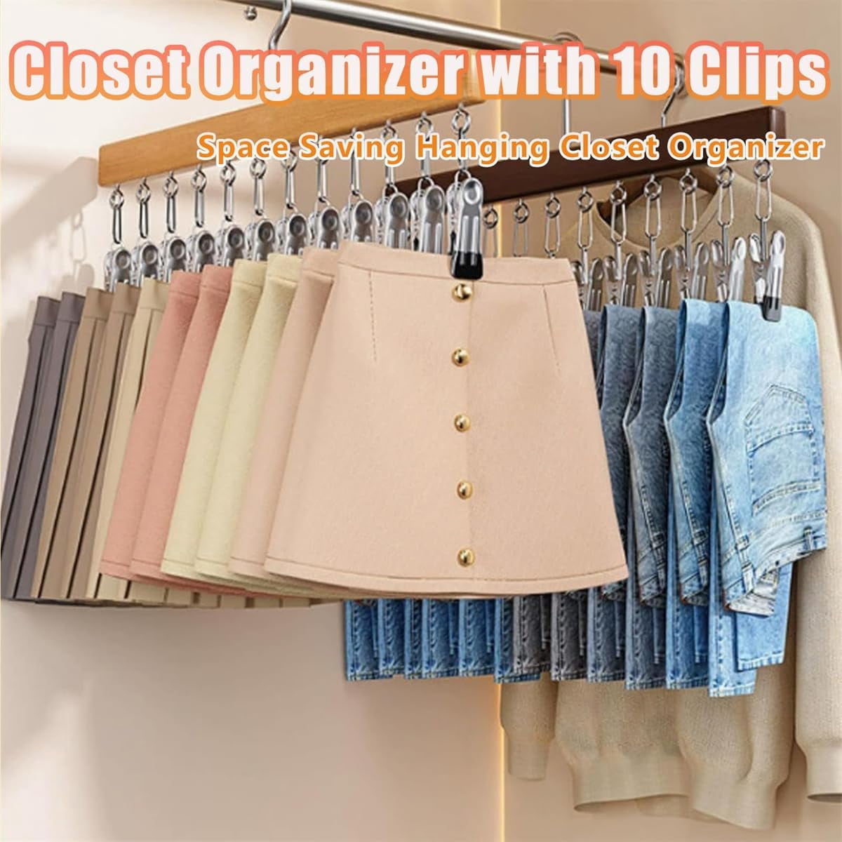 Closet Organizer with 10 Clips - 360° Rotating Wooden Pants Hanger, Space-Saving Rack for Leggings, Jeans and Hats