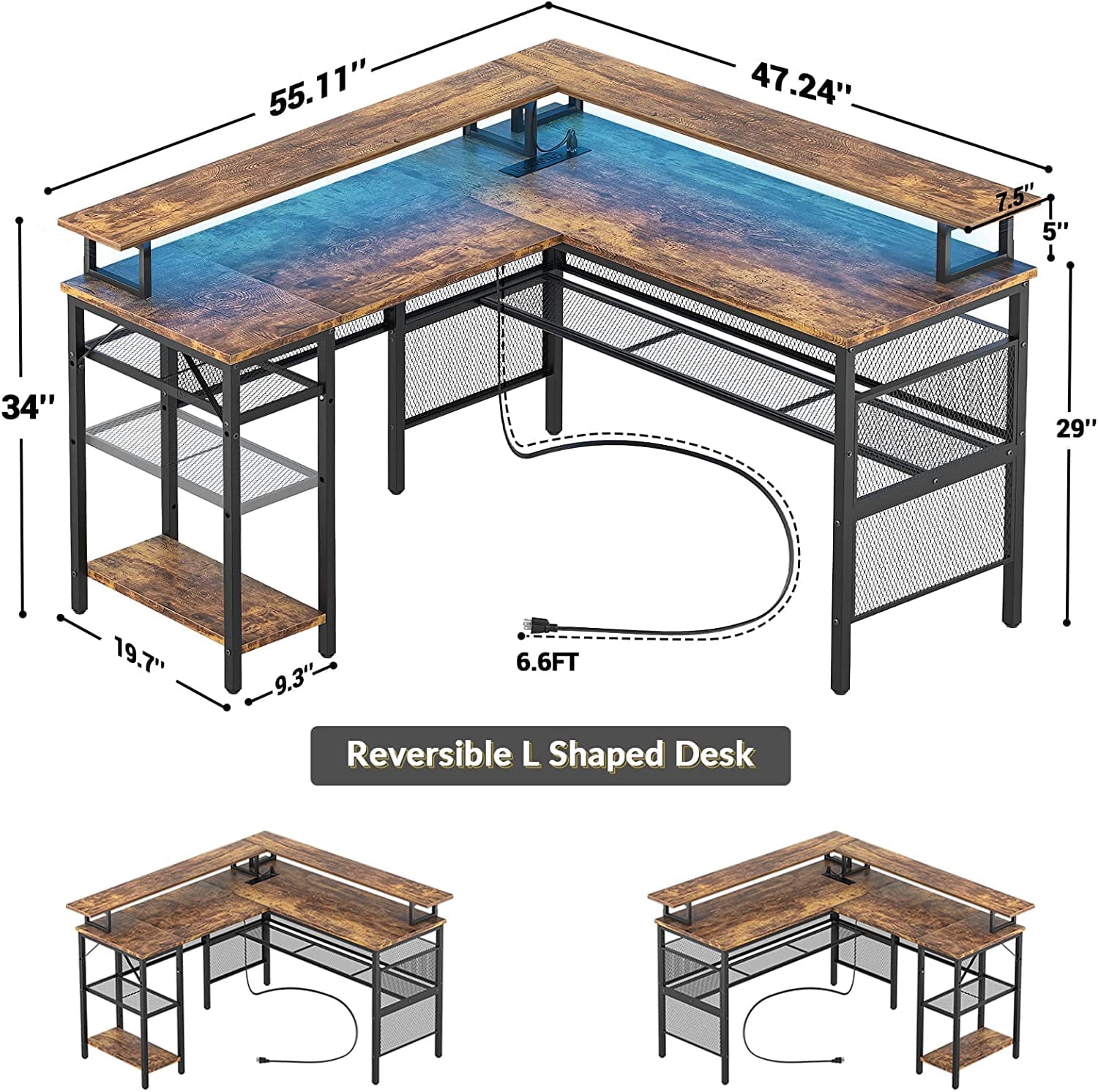 iSunirm L Shaped Computer Desk, Corner L Shaped Desk with Power Outlet and LED Light Strip, Reversible L Desk with Monitor Stand, Ergonomic 2 Person Office Desk for Home and Office, Rustic Oak