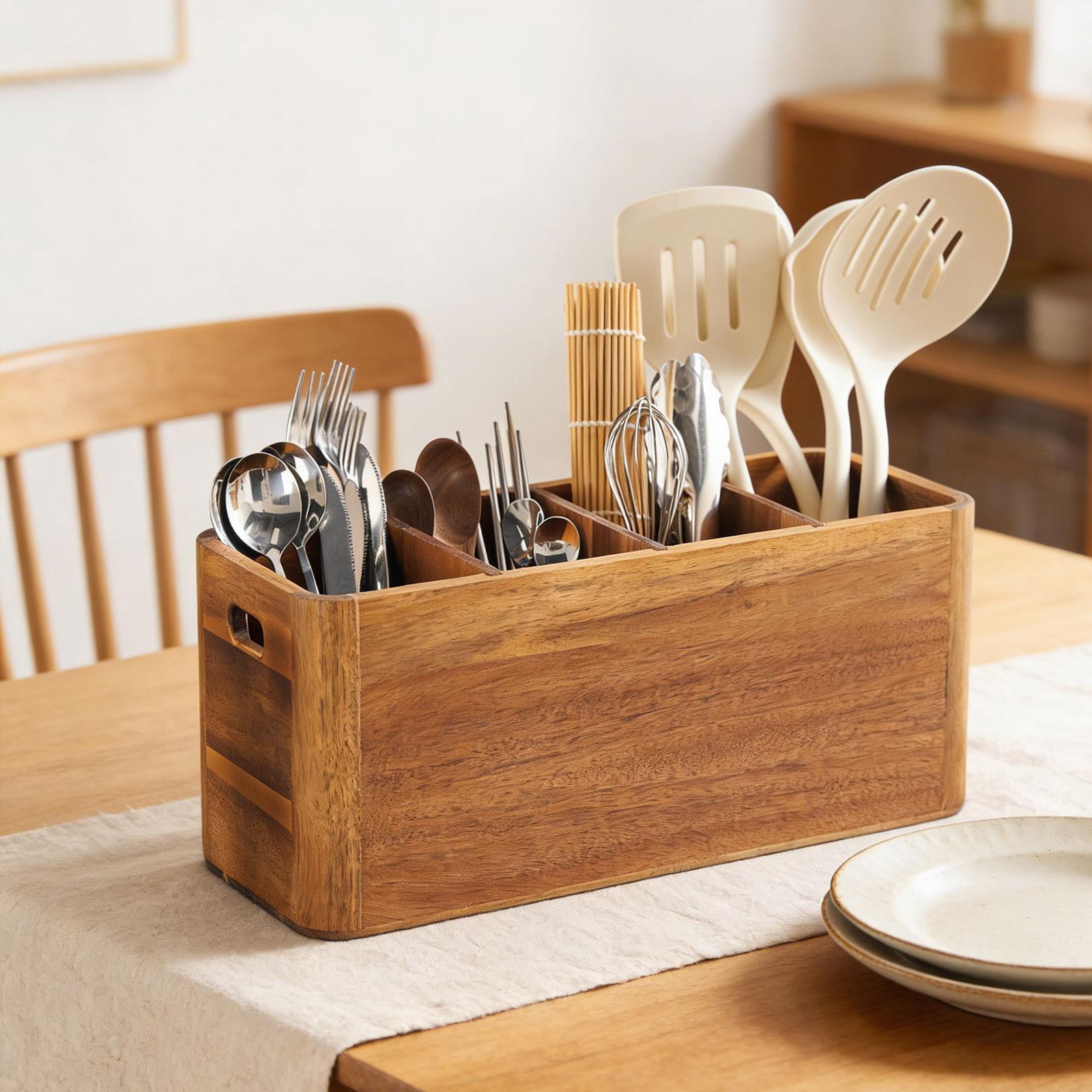 Fiocias Acacia Wood Utensil Holder Cutlery Drainer Easy to Clean Chopsticks Holder Spoon