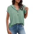 thumbnail image 1 of Tiweut Blouses Women Tops Short Sleeve Summer Loose Fit Solid Color Drawstring V Neck Button Hoodie Lady Tees Green, 1 of 6