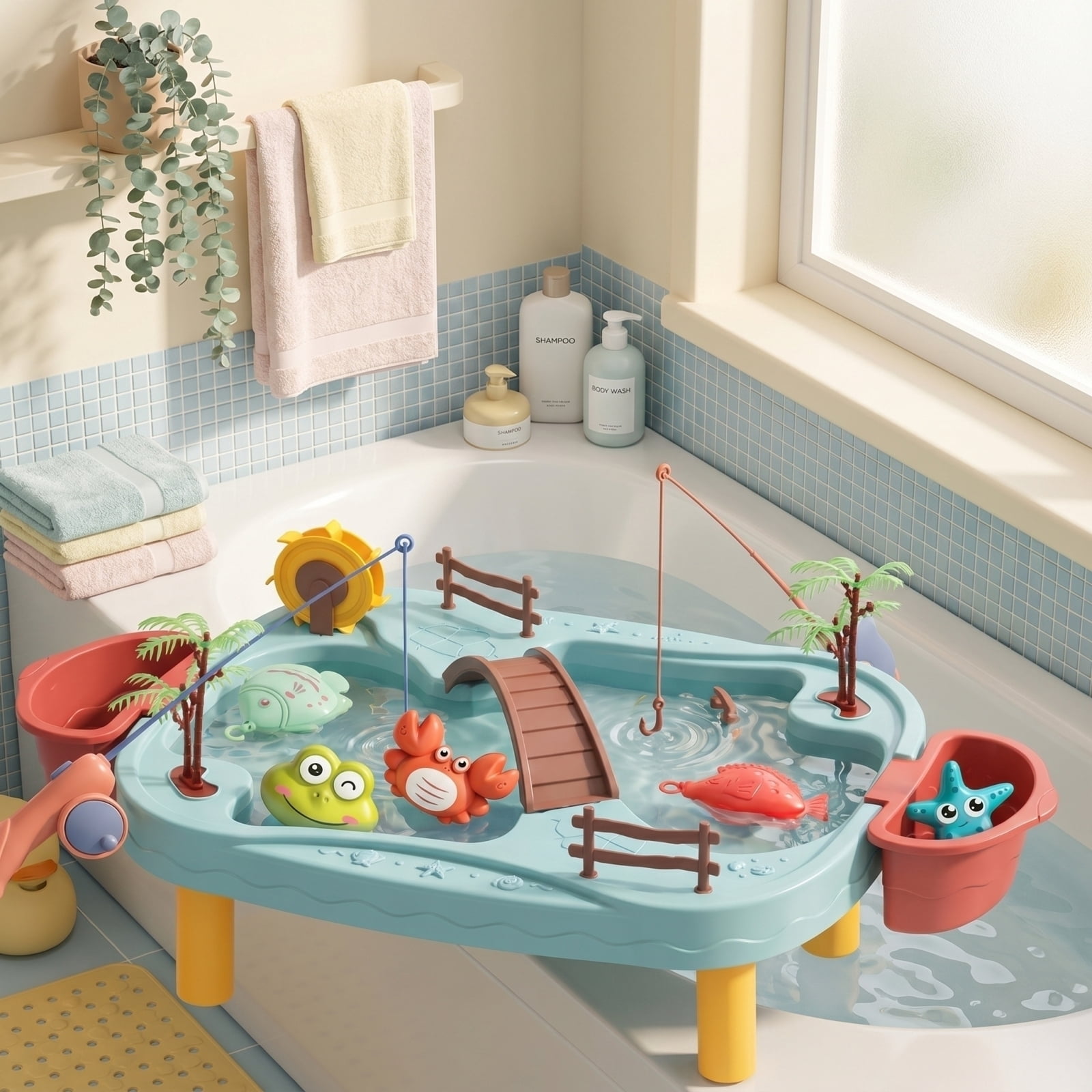 Decorr 22PCS Kids Fishing Water Table Toy, Toddler Pool Bath Toy Playset with Rod, Net & Sea Animals, Summer Outdoor Water Play Activity Table for Boys Girls 3+ ,12.6x9.5"