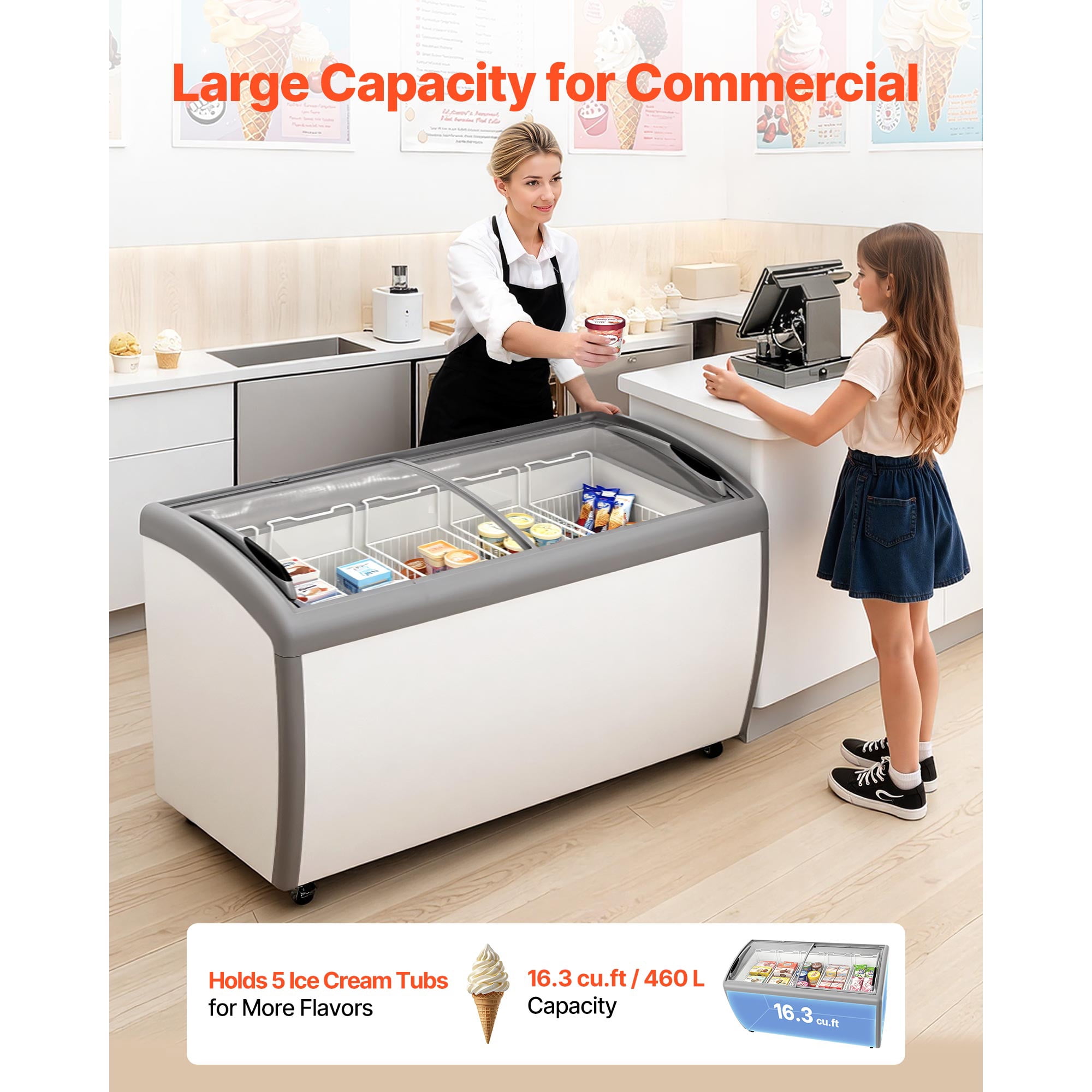 KFFKFF Commercial Ice Cream Display Case, 16.3 Cu.ft Chest Freezer, Adjustable Temperature -19 to 3℉, Mobile Deep Freezer with 5 Wire Baskets, Sliding Glass Doors, Locking Casters & LED Lighting