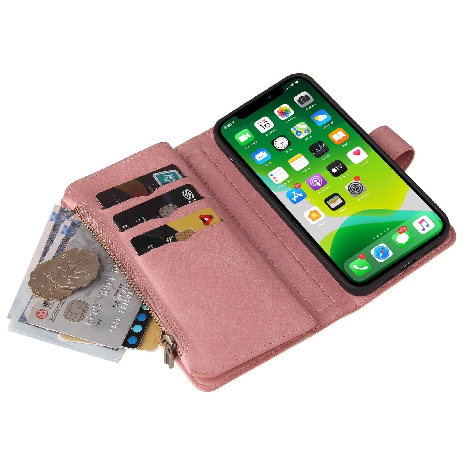 Wallet Case for iPhone 13, Magnetic Zipper Pouch Premium PU Leather with Kickstand Wallet Flip Shockproof Phone Case Wrist Strap Card Slots Holder Pocket iPhone 13,
Pink