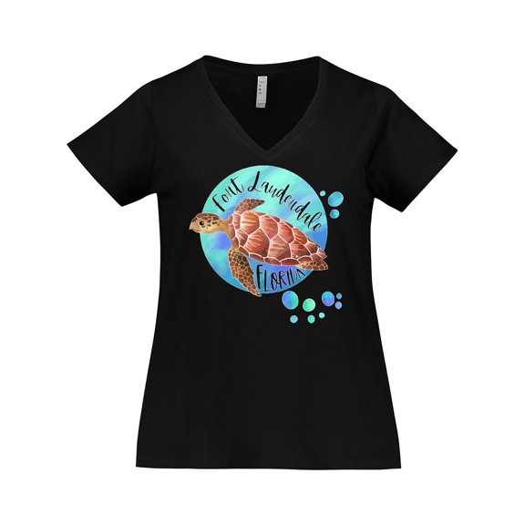 Inktastic Fort Lauderdale, Florida Swimming Sea Turtle with Bubbles Women's Plus Size V-Neck T-Shirt