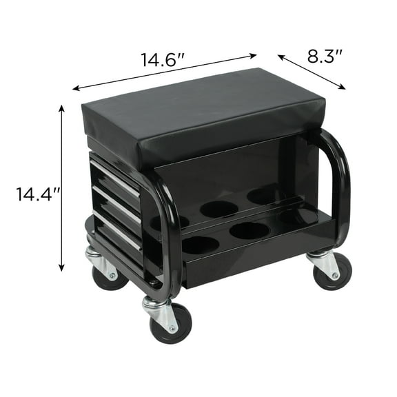 Rolling Creeper Garage/Shop Seat with Three Built-in Drawers, Rolling Tool Chest,Black