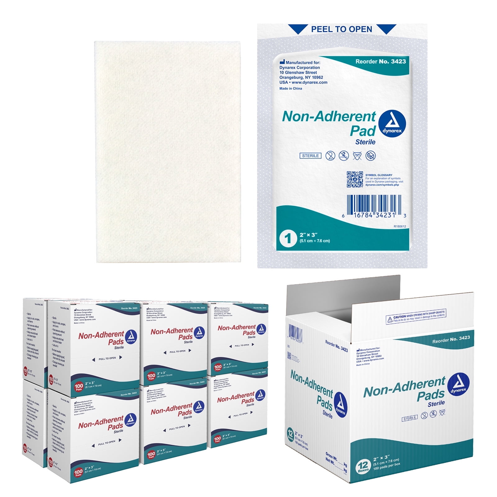 Dynarex Non-Adherent Pads-Sterile, Individually Packaged, Non-Stick Wound and Burn Care, Soft & Highly Absorbent, 2” x 3”, 1 Case of 1200 Non-Adherent Pads-Sterile