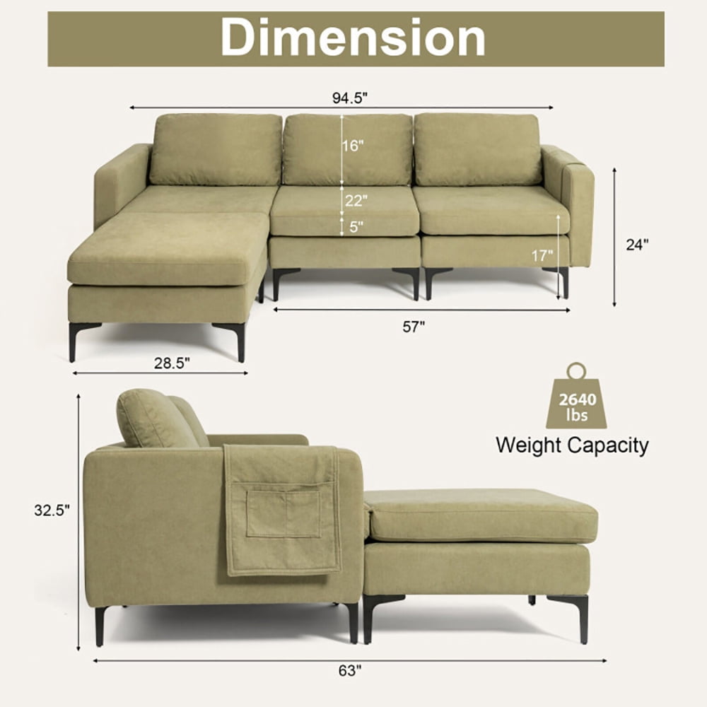 Finihen L-shaped Sectional Sofa Couch, Convertible Sectional Sofa, Modular L-shaped Sectional Sofa with Reversible Chaise and 2 USB Ports, for Living Room, Green