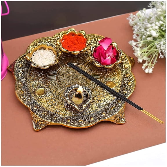 NOBILITY Metal Pooja thali Set for Festival Ethnic Puja Thali Gift for Diwali, Home, Temple, Office, Wedding Return Gift Items