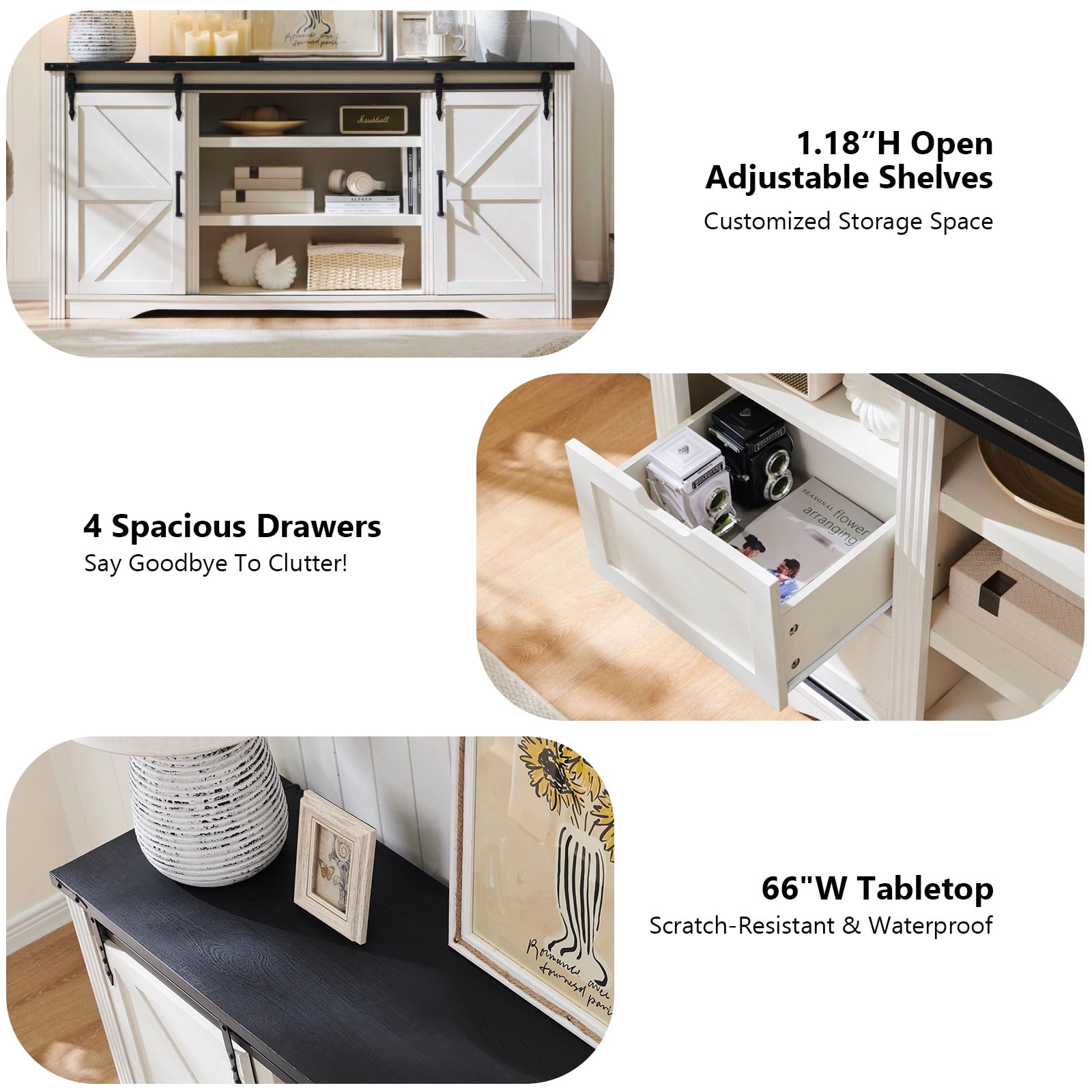 T4TREAM Farmhouse TV Stand for TVs up to 75" - Wood Entertainment Center with 4 Drawers & Barn Door & Adjustable Shelves, White
