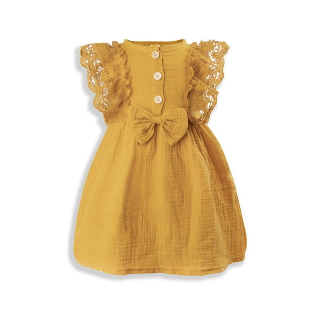 Vestido Para Niñas, Ropa Para Niñas Pequeñas, Trajes Para Niños Pequeños, Encaje Sin Mangas, Lazo De Algodón, Cómodo, Lindo Vestido Para Niños, Amarillo Odeerbi LM103-3434