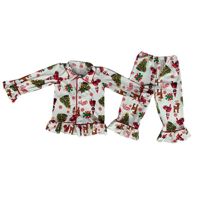 Conjunto de pijamas de nuevo diseño para niños y niñas con pantalones de manga larga con estampado navideño Conjuntos para dos hermanos
