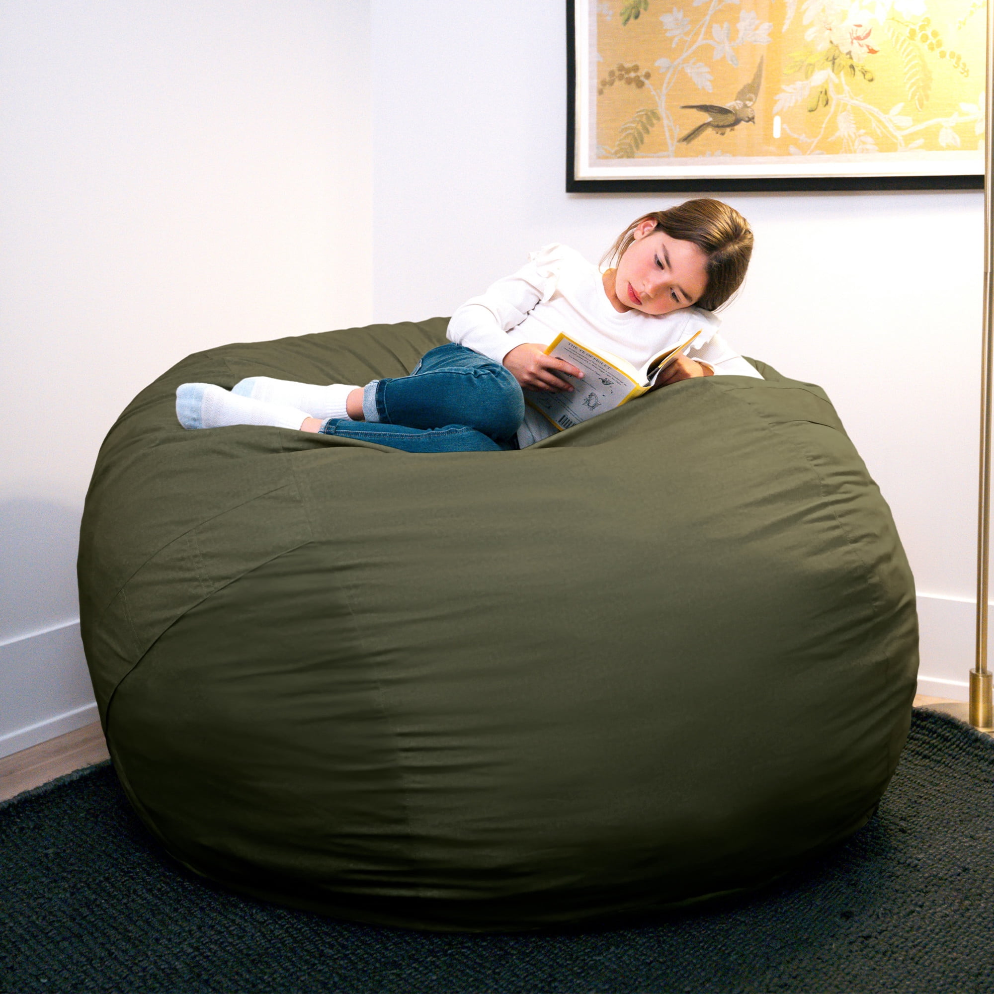 Big Joe Fuf 5Ft Oversized Foam Bean Bag Chair for Kids, Teens, Adults, Forest Green Velveteen, Durable Woven Polyester, 5 foot Large Reading and Gaming Seat