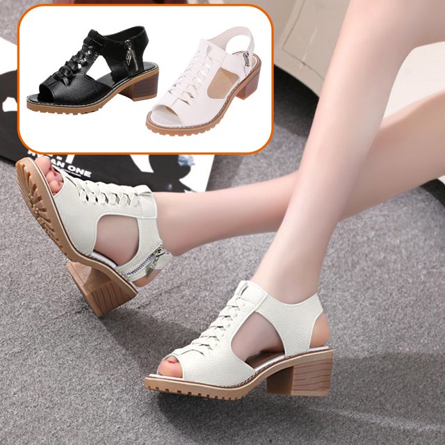 Leutsin Style Women's Sandals Car Stitching Thick Heel Comfortable Shoes