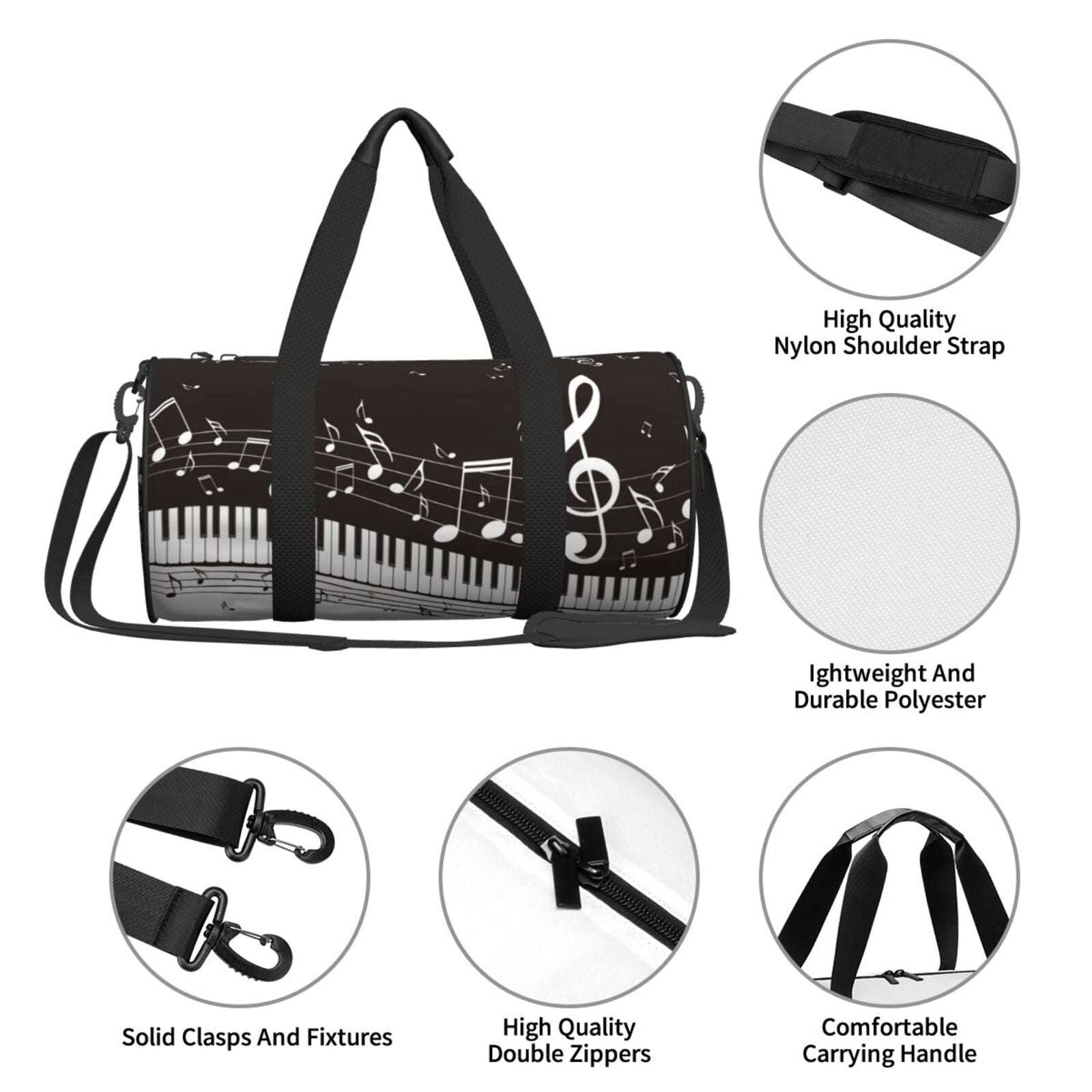 Horeoi Piano Keys With Musical Notes Print Foldable Travel Duffle Bag with Removable Strap - Water-Resistant Gym Vacation Luggage Multi-Pocket Design
