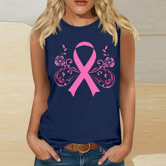 jicehd Breast Cancer Vest Womens Tank Tops Sleeveless T-Shirts Casual Bowknot Print Solid Color Shirts Retro Round Neck Vest