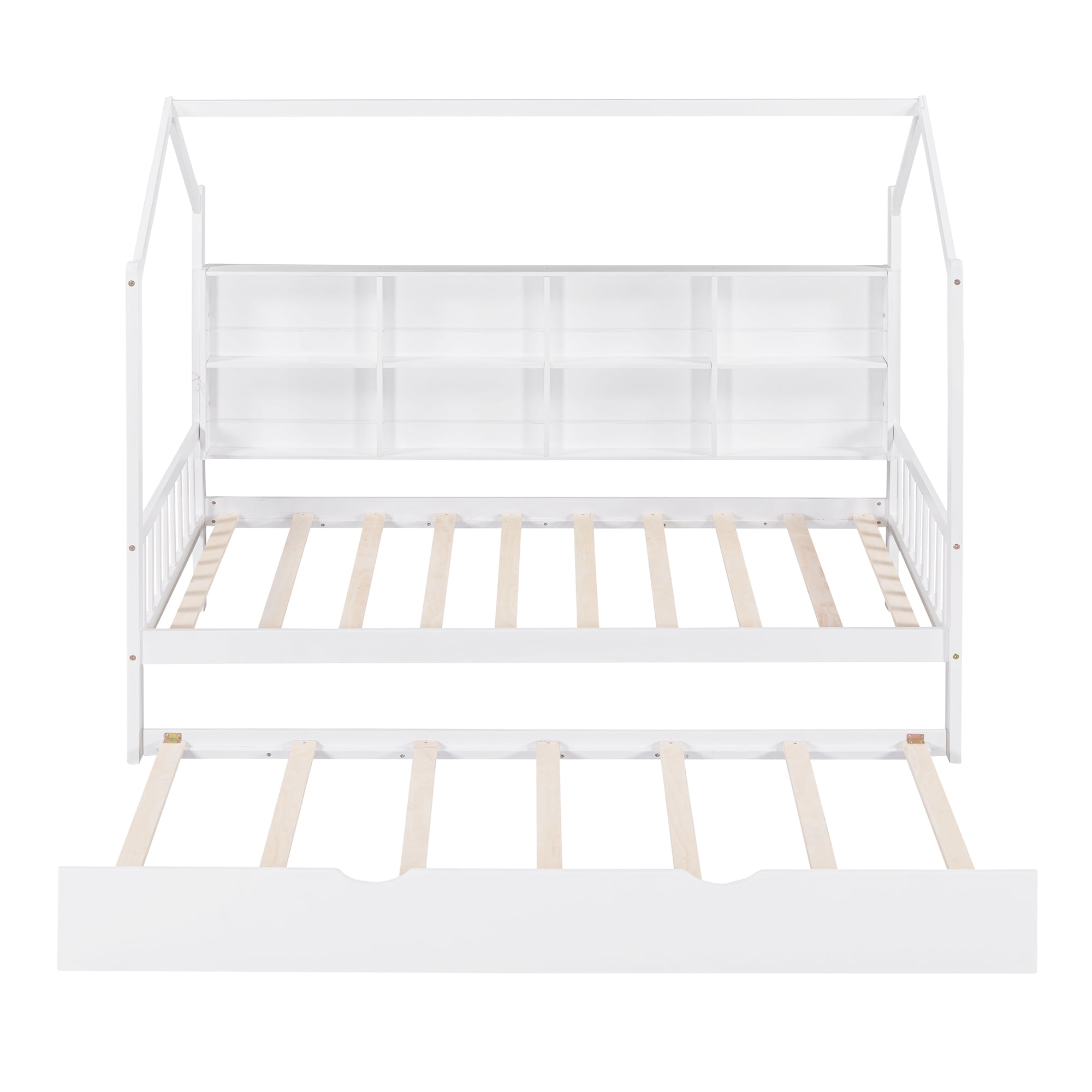 Aukfa House Bed with Trundle, Twin Platform Bed with Storage Shelves and Roof - White