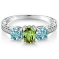 thumbnail image 3 of Gem Stone King 2.70 Cttw Oval Green Peridot and Blue Zircon 3-Stone Ring for Women | 925 Sterling Silver | Gemstone Birthstone | Available in Size 5, 6, 7, 8, 9 | Size 7, 3 of 6