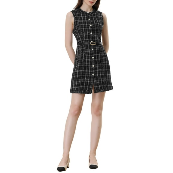 INSPIRE CHIC Women's Sleeveless Button Elegant Vintage A-Line Round Neck Plaid Dress XS Black