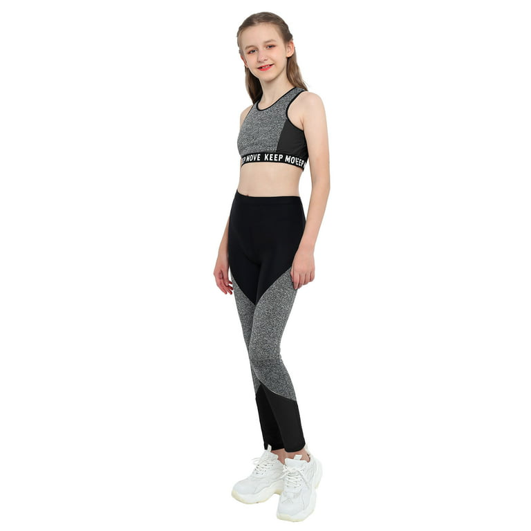 inhzoy Kids Girls Athletic Outfit Sports Bra Crop Top with Yoga Leggings  Gray-Black 16 
