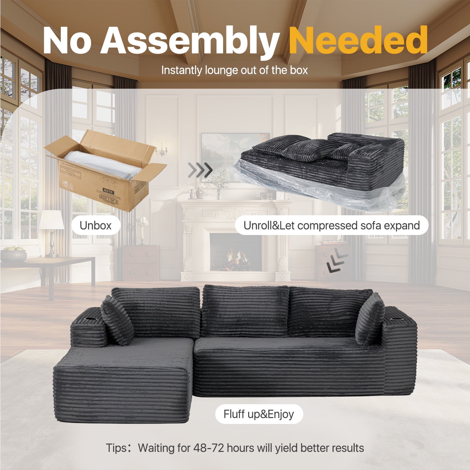 BaPiPro 105.5" L-Shaped Boneless Corduroy Cloud Sofa, Deep Chaise w/ Cup Holders & Wide Arms, Detachable Washable Cover, No Assembly Floor Couch for Living Room & Apt, Dark Gray