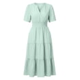 thumbnail image 3 of Admvng Womens Dress Tiered Solid V Neck Short Sleeve Casual Spring and Summer Comfy Dresses, 3 of 6