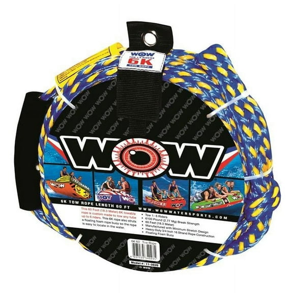 WOW Sports 6K 60' Tow Rope for Boating, Watersports and Towables, 1-6 Person