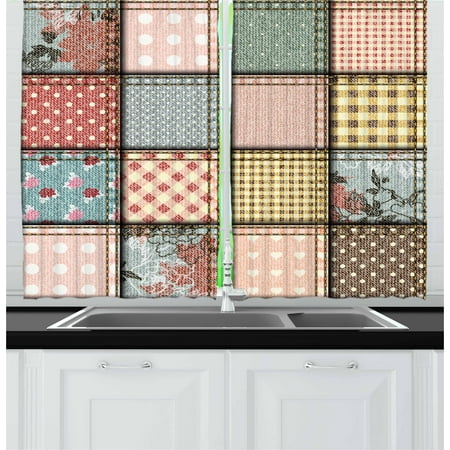 Quilt Fabric Panel - Shabby Chic Curtains 2 Panels Set, Patchwork Denim Seem Fabric Pieces with Stitches Square Tile Digital Print, Window Drapes for Living Room Bedroom, 55W X 39L Inches, Multicolor, by Ambesonne