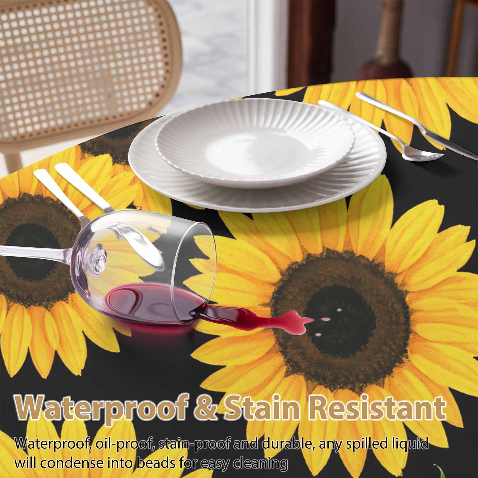 Round Tablecloth Black Sunflower Pattern Waterproof Oil Proof Polyester Table Cloth Cover Decor for Home Dining Outdoor,Patio,Parties, 60" Dia. Floral Print