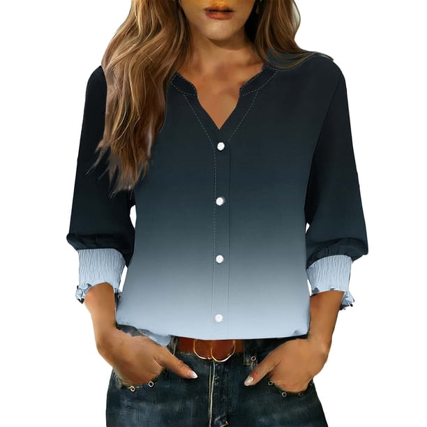 Camisas de Cuello de Tripulación de Manga Corta para las Mujeres, Cardigan con Cuello en V con Mangas 3/4
