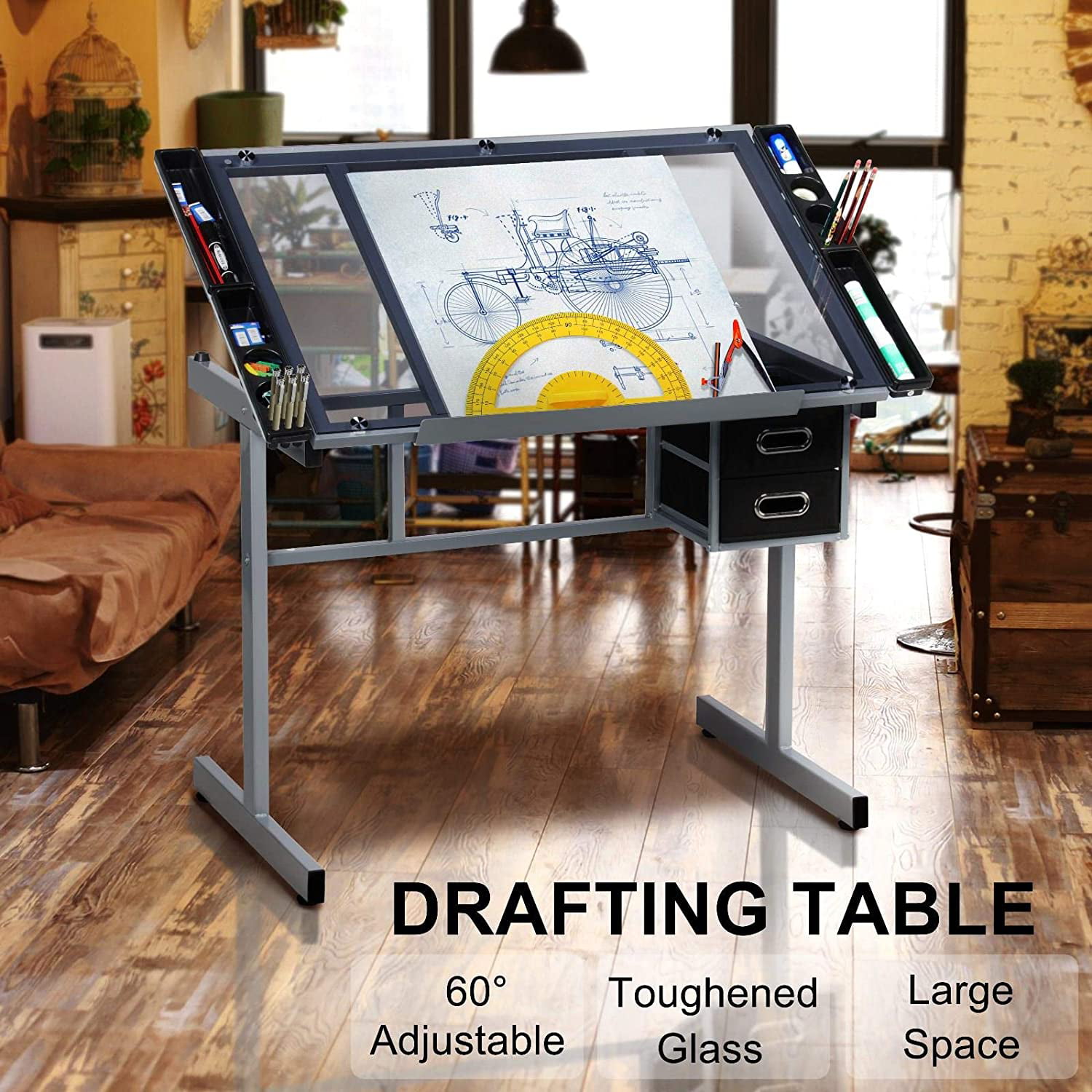 Adjustable Glass Drafting Table Drawing Desk Diamond Art Desk Versatile Art  Craft Station Study Table w/ 2 Slide Rolling Wheels and Drawers for Artist  Painters Home Office 