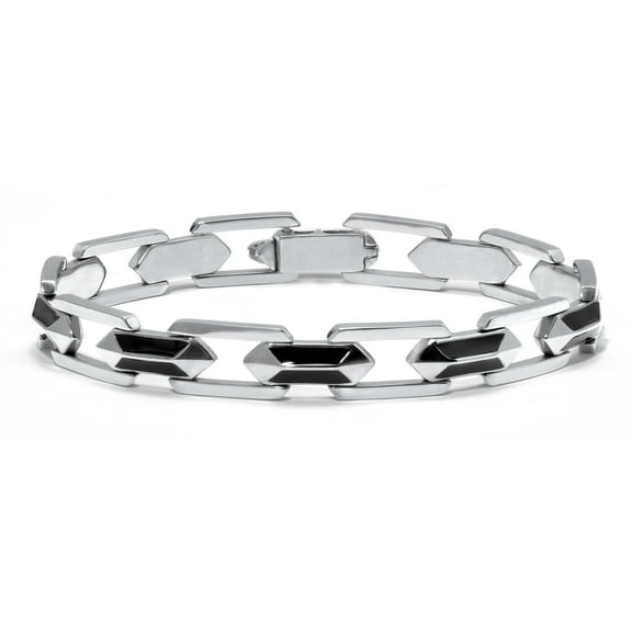 Men's Stainless Steel Link and Black Enamel Bracelet 8-inch