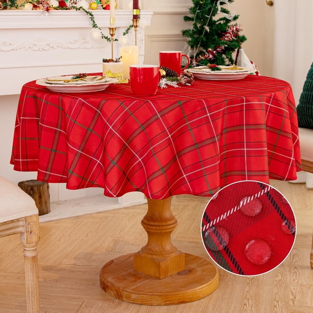 Romanstile Round Christmas Tablecloth - 60 Inch - Plaid Tartan Water Stain Resistant Table Cover, Washable Polyester Checkered Table Cloth for Xmas Dinner/Party Decoration/Holiday