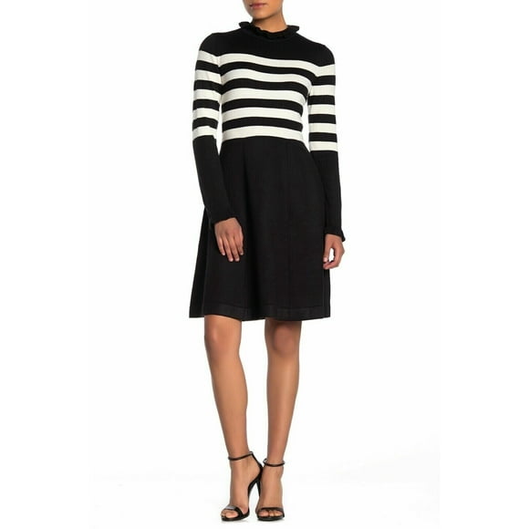 Eliza J Black White Ruffle Neck Stripe Print Fit and Flare Dress $188 Size L