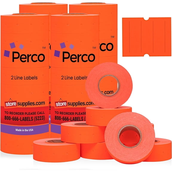 Perco 2 Line Fluorescent Red Labels - 32 Rolls, 4 Sleeves, 24,000 Blank Price and Date Gun Labels for Perco 2 Line Price and Date Guns - Made in USA