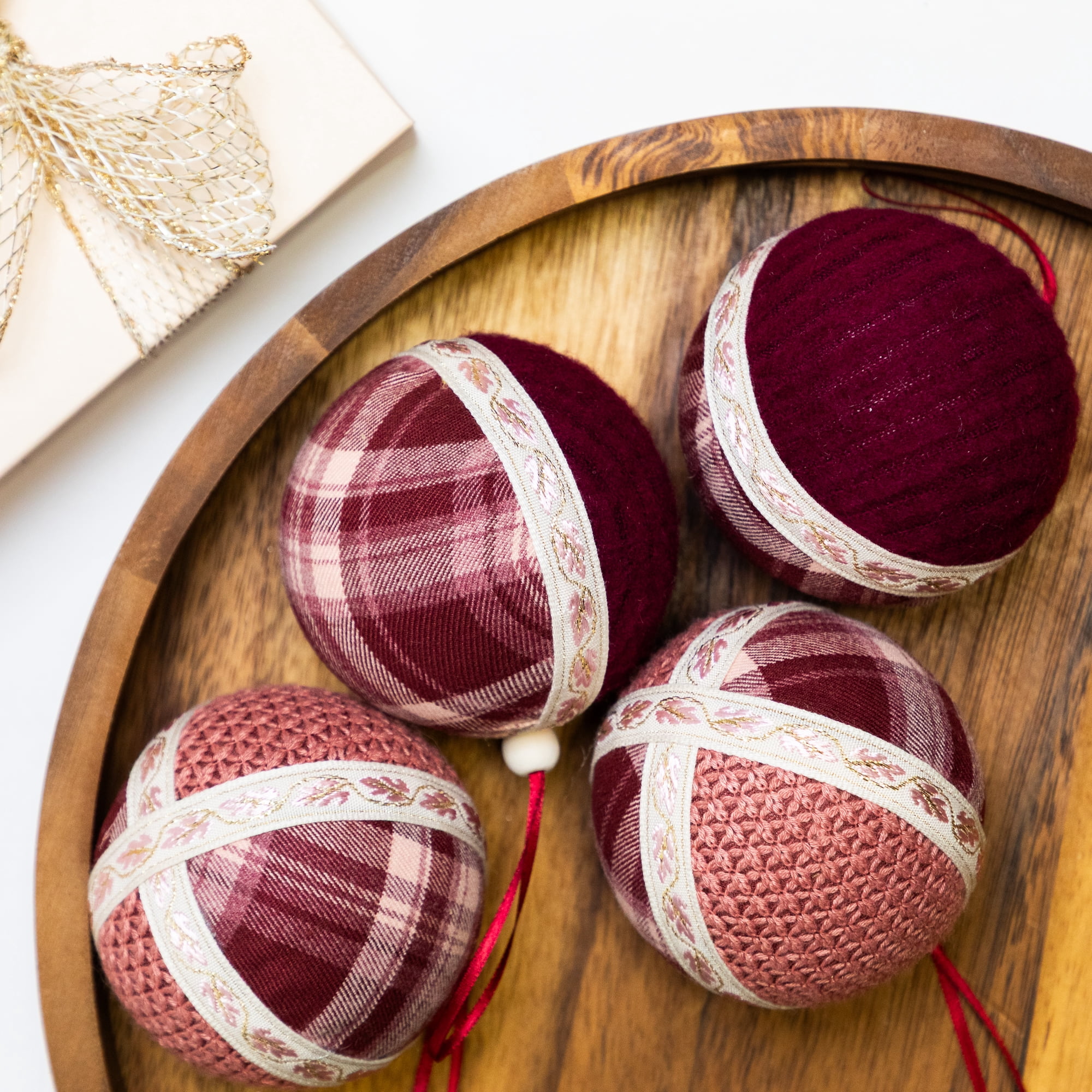 Plaid and Knitted Christmas Ball Ornaments - 3.5" - Maroon and Ivory - Set of 4