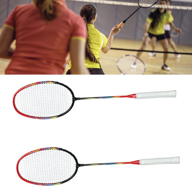 Badminton Racket, Lightweight Badminton Racquets 660mm Comfortable Grip with Storage Bag for Gym. The set includes two rackets made of aluminum alloy, iron, and nylon, featuring a red and black design with a racket length of 660mm (26.0 inches). The rackets are lightweight at approximately 318g (11.2oz) and come with a comfortable grip for enhanced play. The package also includes a storage bag for easy transport. The image shows the rackets in a close-up view, highlighting their design, and a background of players in a badminton match.
