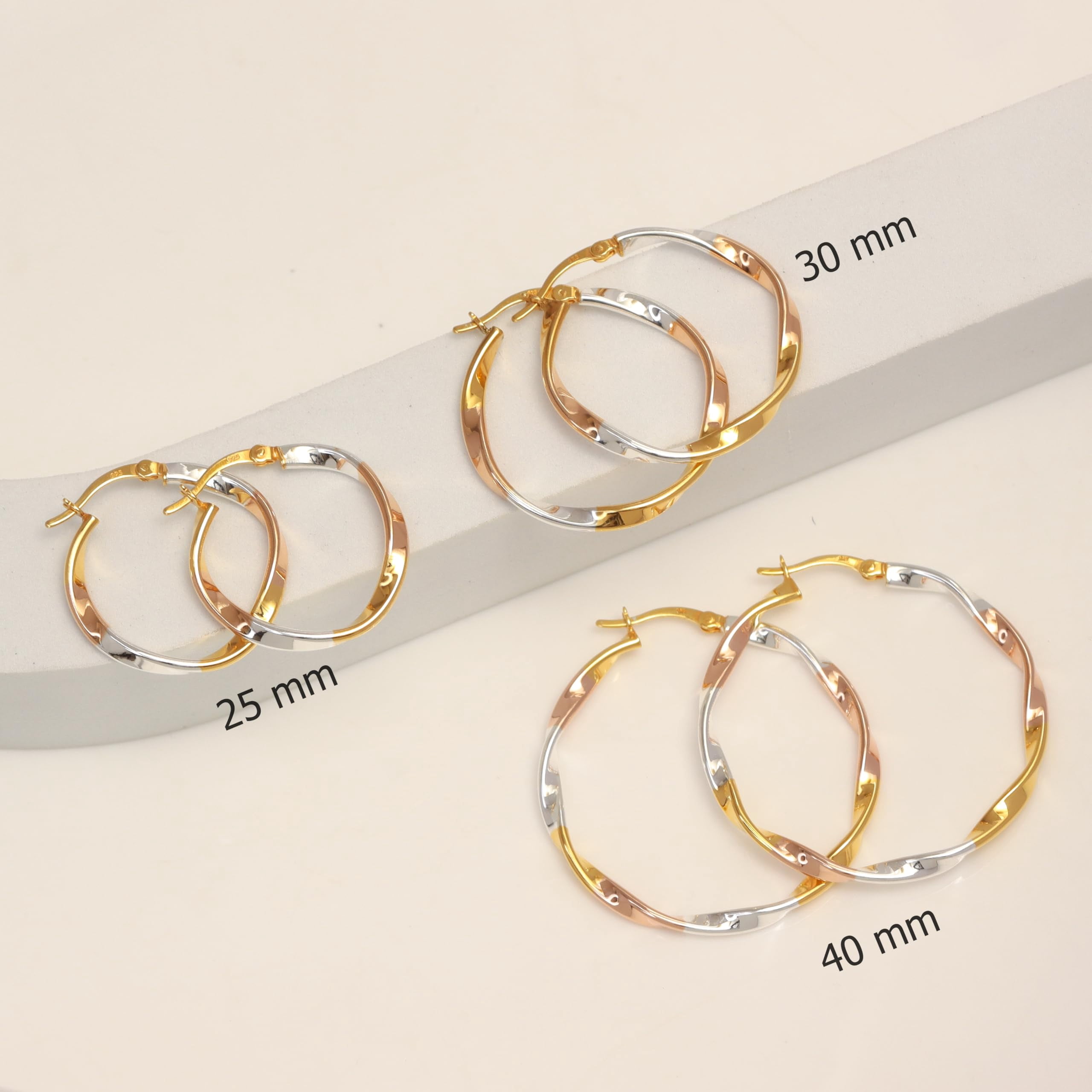 LeCalla 925 Sterling Silver Hoop Earrings for Women | Three-Tone Round Hoops